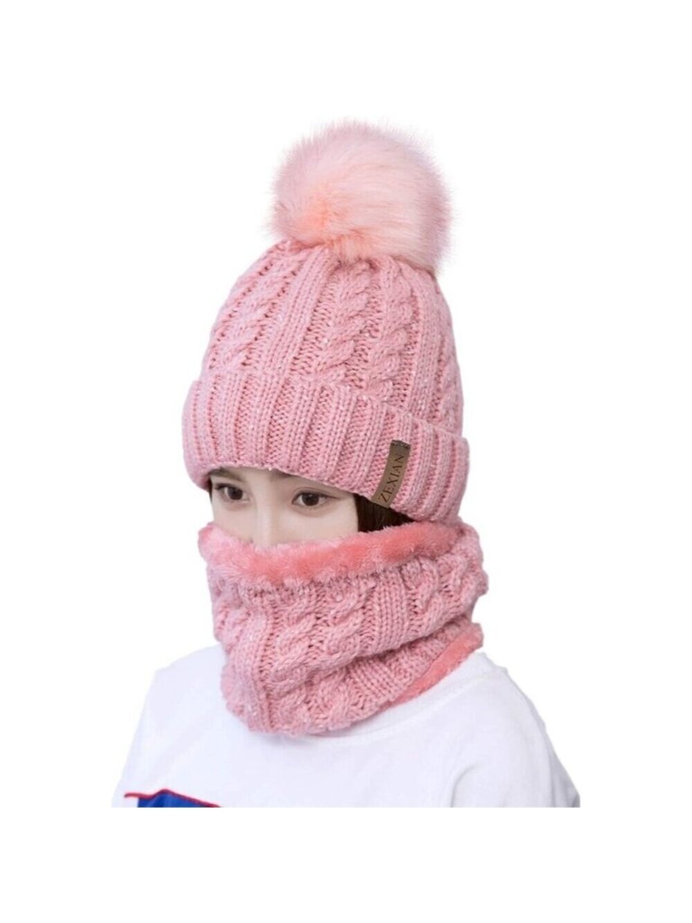 Womens Girls Winter Knit Beanie Hat and Scarf Set Warm Pom Pom Ski Set